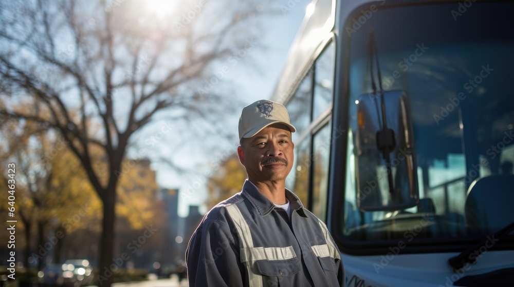 Poster a man standing in front of a bus. generative ai.