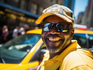 A man in a yellow shirt and hat smiles for the camera. Generative AI.