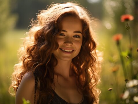 A woman with long red hair smiling in a field of flowers. Generative AI.