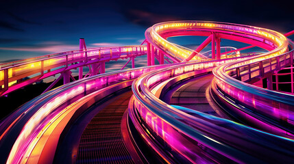 Step into a realm of thrill and spectacle on a roller coaster illuminated by dynamic lighting. Generative AI.