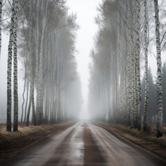 A straw road in a foggy birch forest that runs
