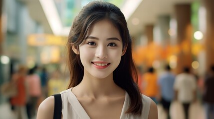 Portrait of young asian woman in the city blurred background.