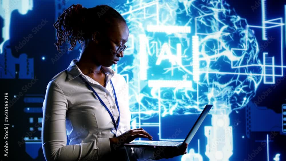 Poster african american engineer using laptop to maintenance artificial intelligence neural networks made u