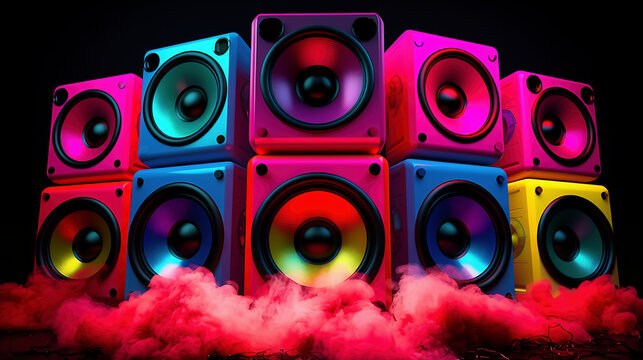 Multi-colored speakers emit a mist of pink smoke from their base, creating an ethereal and vibrant atmosphere that captures both sound and vision. Generative AI