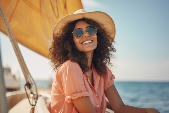 young woman happy expression sailing on a boat