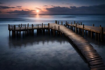 twilight scene of a coastal pier extending into the shimmering water