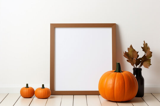 Halloween-themed wooden frame mockup on shelf over white wall with pumpkin, blank vertical frame with copy space
