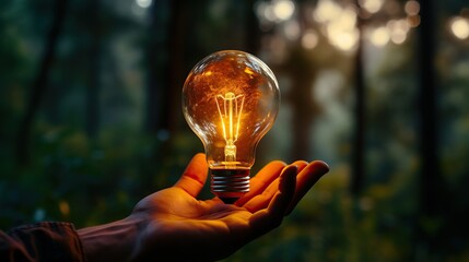 Hand touching on light bulb on wood block with word ideas new idea concept with innovation