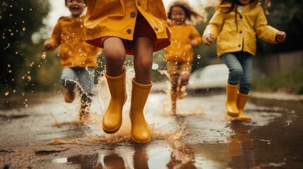 Several children wearing rain yellow boots, jumping and splashing in puddles as rain falls around them. - obrazy, fototapety, plakaty