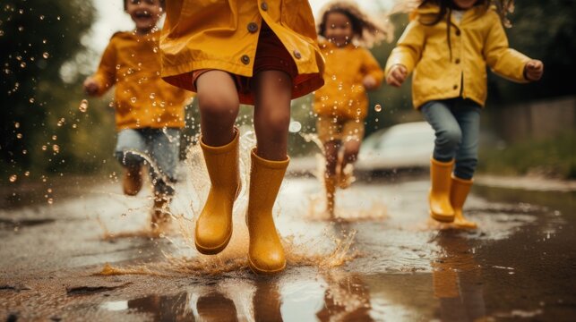 Several children wearing rain yellow boots, jumping and splashing in puddles as rain falls around them.