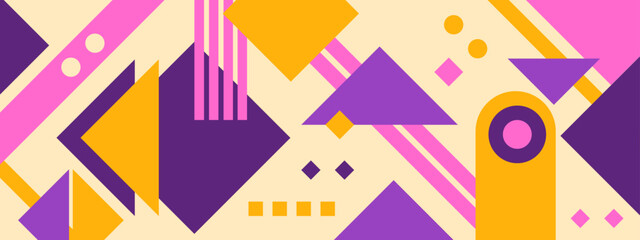 Obraz premium Abstract Geometric Pattern Artwork. Retro colors and color background. Grid with colored geometric shapes. Modern abstract promotional flyer, background, brochure, pattern.