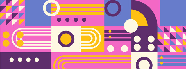 Abstract geometric backgrounds set isolated over white, vector design elements in retro style of the 70s, modern modular compositions with colorful geometrical shapes.