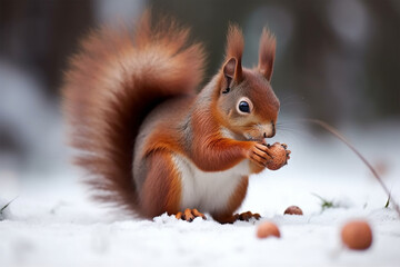 a squirrel eating nuts in the snow