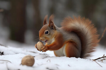 a squirrel eating nuts in the snow