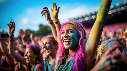 Immerse yourself in the euphoria of summer festivals, featuring joyful girls with pink and aqua hair. A blend of youthful energy, trendsetting fashion, and unforgettable moments, all enriched by Gener - obrazy, fototapety, plakaty