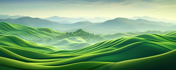 Obraz premium Panoramic view of a beautiful landscape of green hills and meadows. Abstract organic wallpaper background illustration.