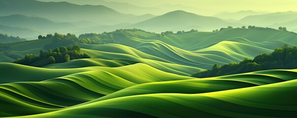 Obraz premium Panoramic view of a beautiful landscape of green hills and meadows. Abstract organic wallpaper background illustration.