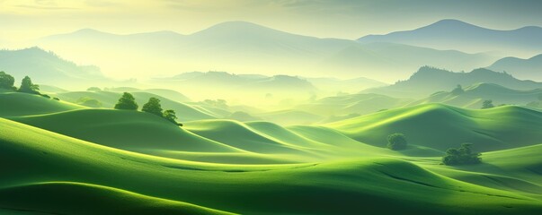 Obraz premium Panoramic view of a beautiful landscape of green hills and meadows. Abstract organic wallpaper background illustration.
