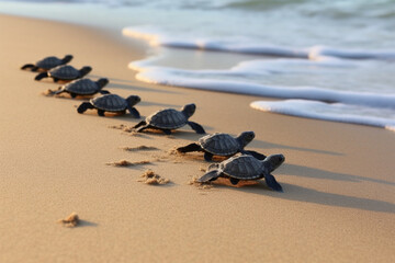 Newly hatched baby turtles head to the beach - Powered by Adobe