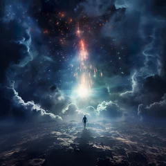 Foto op Canvas Illustration of ethereal clouds floating in the middle of cosmos with silhouette of person in light. Stunning forms in mesmerizing vision ascend to the heavens amidst the darkness. © Vagner Castro