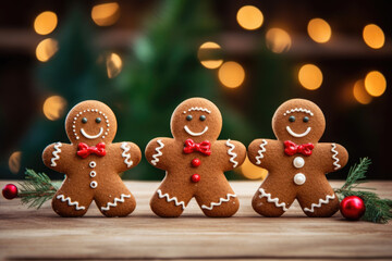 Three gingerbread men on a wooden table with a Christmas tree in the background. The gingerbread men are decorated with white icing and red ribbons, christmas, xmas, bokeh