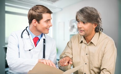 Healthcare concept, man and happy doctor talking, AI generated image
