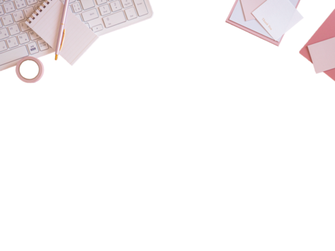 透過背景の可愛いデスクフレーム、白とピンクの可愛い女性のワークスペースフレーム、フラットレイトップビュー - Powered by Adobe