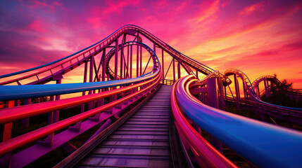 Embark on the ultimate rollercoaster adventure. From adrenaline-pumping heights to dreamy colorful backdrops, experience a journey like no other, elevated by Generative AI. - obrazy, fototapety, plakaty