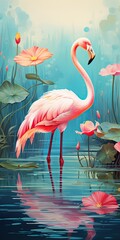 illustration of pink flamingos standing in a lotus garden pond, generative AI