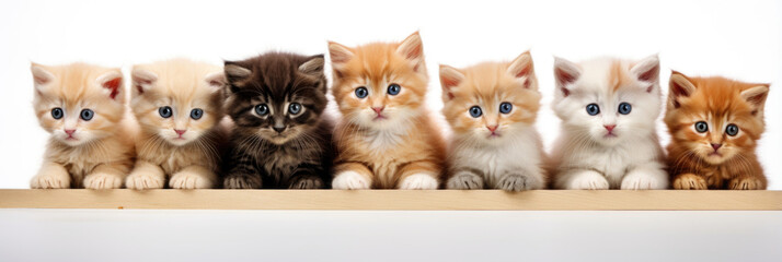 Seven kittens sitting on a wooden shelf. The kittens are of different colors and patterns, including orange, white, black, and gray, curious