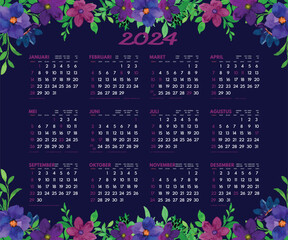 Template design Indonesian floral vintage calendar 2024 Isolated with dark blue background. Indonesia Kalender 2024 lengkap Hari Libur nasional. Pro Vector

