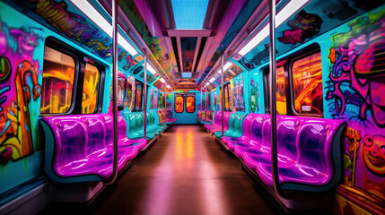 Explore a subway car with striking purple and aqua seats, uniquely transformed by the bold strokes of graffiti, all crafted by Generative AI.