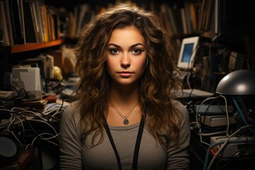 Geek Chic A woman in geeky attire surrounded by technology - stockphoto concepts