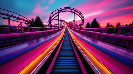 Experience the thrill of a rollercoaster as the sun sets, painting the sky in hues of orange and pink. A magical moment captured by Generative AI. - obrazy, fototapety, plakaty