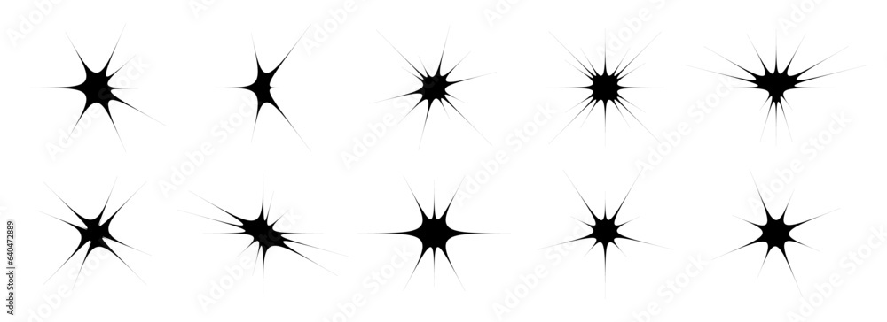 Poster Black star and twinkle set. Retro blink collection. Abstract y2k starburst shine effect pack. Design element template for poster, banner, logo, card, icon, label, collage, sticker. Vector bundle