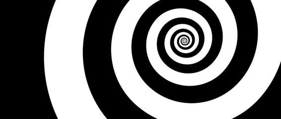 Hypnotic spirals background. Radial optical illusion. Black and white swirl tunnel wallpaper. Horizontal spinning concentric curves. Vortex or whirlpool design for poster, banner, flyer. Vector