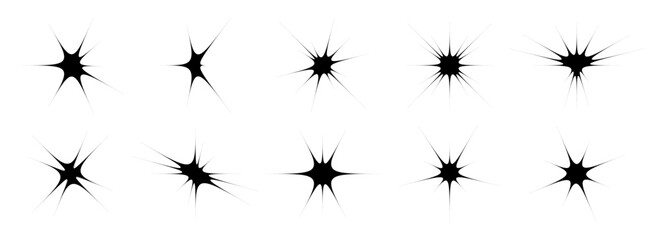 Black star and twinkle set. Retro blink collection. Abstract y2k starburst shine effect pack. Design element template for poster, banner, logo, card, icon, label, collage, sticker. Vector bundle