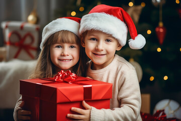 Fototapeta na wymiar CHILDREN TOGETHER HOLDING A BIG RED GIFT BOX. CHRISTMAS GIFT.