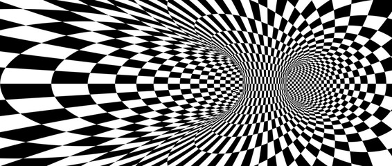 Abstract hypnotic spinning checkered background. Black and white check tunnel wallpaper. Psychedelic twisted square pattern. Rotating template for posters, banners, cover. Vector optical illusion