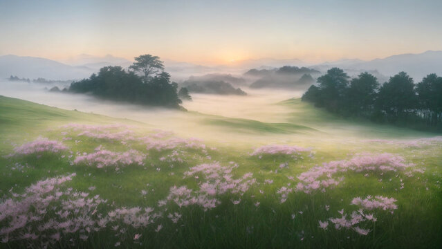 A beautiful meadow landscape with flowers, grass and fog.