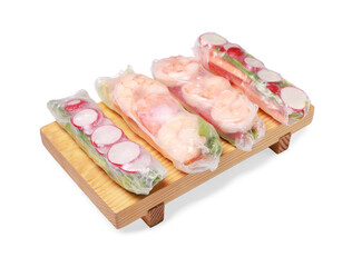 Different delicious spring rolls wrapped in rice paper on white background
