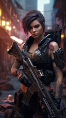 a beautiful woman holding a rifle, female soldier, special forces, futuristic, ruined city background.