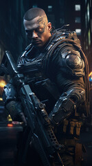 Fototapeta premium a soldier holding a rifle, special forces, futuristic, ruined city background.