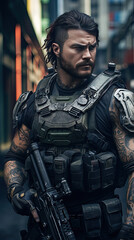 a soldier holding a rifle, special forces, futuristic, ruined city background.