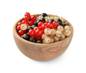 Bowl with fresh red, white and black currants isolated on white