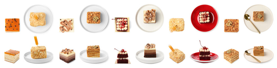 Collage with tasty cakes isolated on white background, top and side views