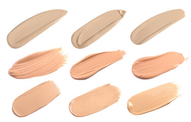 Set of foundation samples in different tones on white background