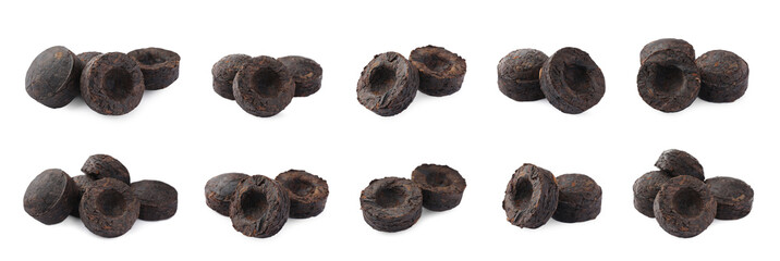 Set with cake shaped traditional Chinese pu-erh tea isolated on white