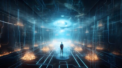 A man standing in the world of AI or a futuristic world, a Man Standing in the world of codes full of data network and wires represent the digital world