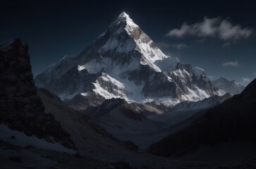 View of Mount Everest at night with starry sky and moon.Generative AI